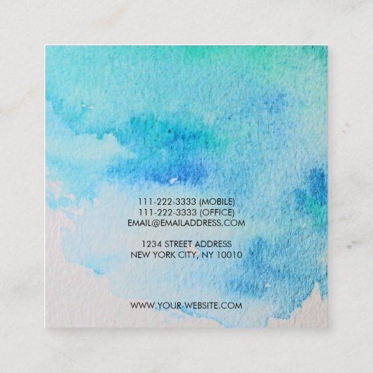 青モダン緑ティール(緑がかった色)水彩(ばちゃばちゃ)跳ねる スクエア名刺 (裏面)