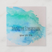 青モダン緑ティール(緑がかった色)水彩(ばちゃばちゃ)跳ねる スクエア名刺 (正面)