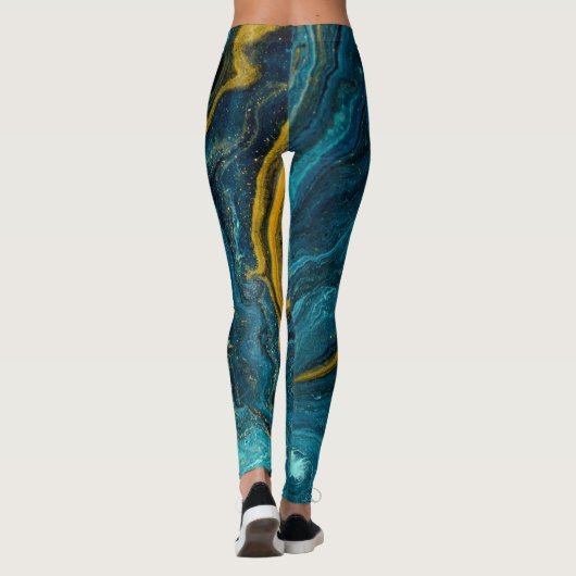 青モダン緑金ゴールドダストマーブル抽象芸術アート レギンス (裏面)