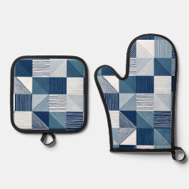 青モダン線のジオメトリチェック 鍋つかみ&鍋敷きセット