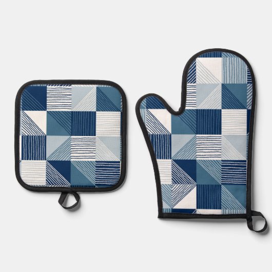 青モダン線のジオメトリチェック 鍋つかみ&鍋敷きセット (正面)
