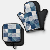 青モダン線のジオメトリチェック 鍋つかみ&鍋敷きセット (正面/裏面)