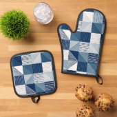 青モダン線のジオメトリチェック 鍋つかみ&鍋敷きセット (トップダウン)