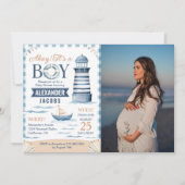 青モダン航海の男の赤ちゃんシャワー写真 招待状 (正面)