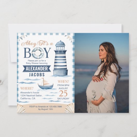 青モダン航海の男の赤ちゃんシャワー写真 招待状 (正面)
