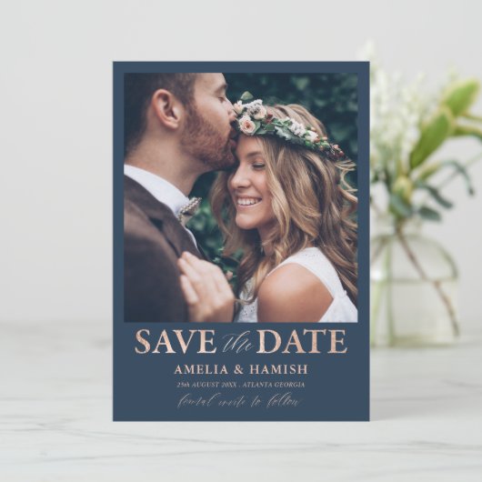 青モダン色とバラ金ゴールド日付の保存 セーブザデート (スタンド正面)