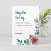 青モダン色とピンク色のフローラ結婚の 招待状 (スタンド正面)