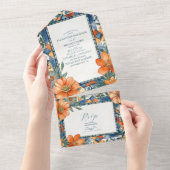 青モダン色と白のフローラタ地中海のイル オールインワン招待状 (貼ってはがせる)