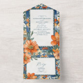 青モダン色と白のフローラタ地中海のイル オールインワン招待状 (内側)