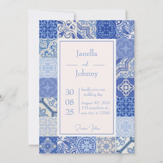 青モダン色と白地中海の色のタ結婚イル 招待状 (正面)