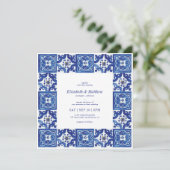 青モダン色と白地中海の色のタ結婚イル 招待状 (スタンド正面)