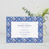青モダン色と白地中海の色のタ結婚イル 招待状 (スタンド正面)