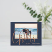 青モダン色と金ゴールドの応援の新年の写真 ポストカード (スタンド正面)