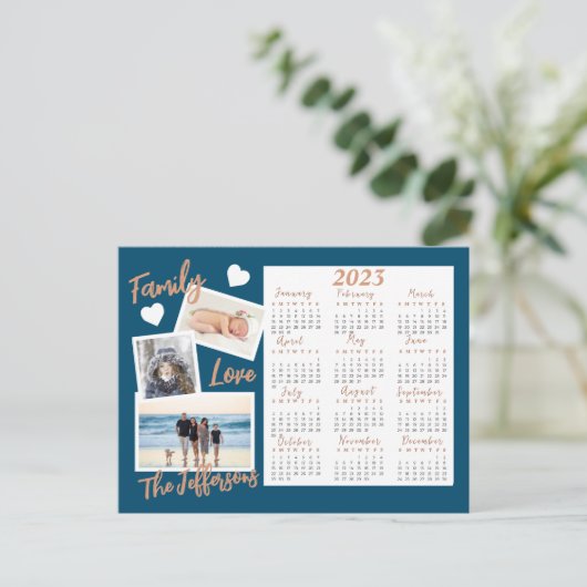 青モダン色と金ゴールドの新年のカレンダー写真 ポストカード (スタンド正面)