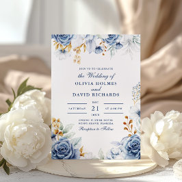 青モダン色と金ゴールドフローラ結婚式招待状 招待状