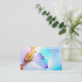 青モダン色と金ゴールド水色、スクリプト名QRコード 名刺 (スタンド正面)