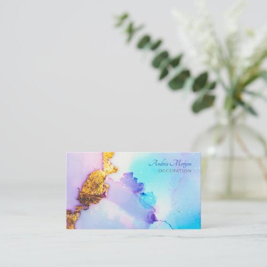 青モダン色と金ゴールド水色、スクリプト名QRコード 名刺 (スタンド正面)