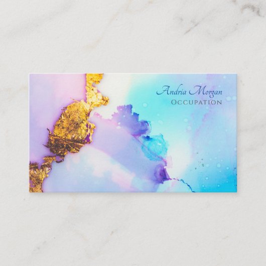 青モダン色と金ゴールド水色、スクリプト名QRコード 名刺 (正面)