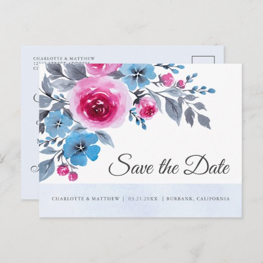 青モダン色のピンクの水の色のフローラ日付を保存 案内ポストカード (正面/裏面)