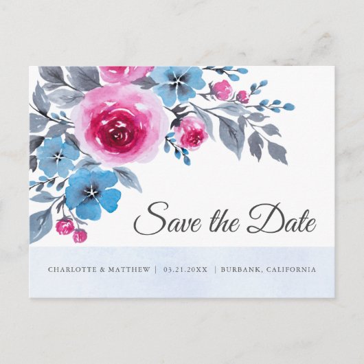 青モダン色のピンクの水の色のフローラ日付を保存 案内ポストカード (正面)