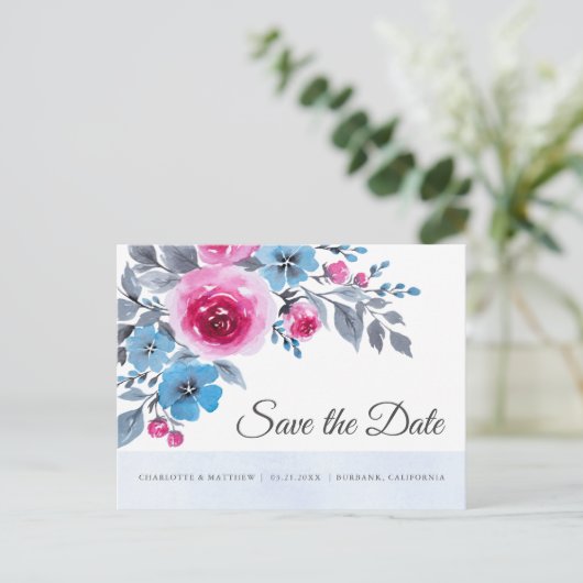 青モダン色のピンクの水の色のフローラ日付を保存 案内ポストカード (スタンド正面)