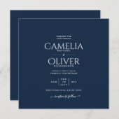 青モダン色のモノクロ文字の結婚み 招待状 (正面/裏面)