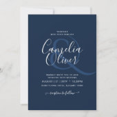 青モダン色のモノクロ文字の結婚み 招待状 (正面)