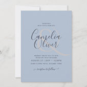 青モダン色のモノクロ文字の結婚み 招待状 (正面)