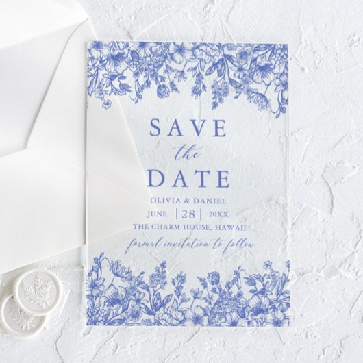 青モダン色のヴィンテージフローラ保存日 アクリル招待状