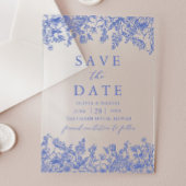 青モダン色のヴィンテージフローラ保存日 アクリル招待状