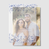 青モダン色のヴィンテージフローラ保存日 ベラム紙招待状 (オフセット (カップル))