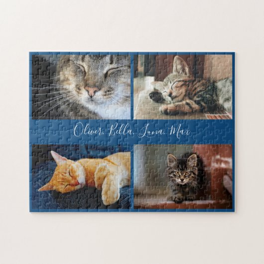 青モダン色の写真カスタムコラージュのスクリプト名 ジグソーパズル (横)