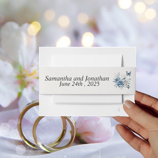 青モダン色の花と蝶結婚の 招待状ベリーバンド