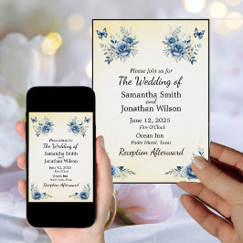 青モダン色の花と蝶結婚の 招待状