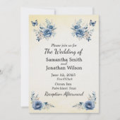 青モダン色の花と蝶結婚の 招待状 (正面)