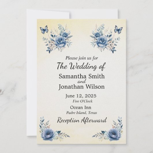 青モダン色の花と蝶結婚の 招待状 (正面)