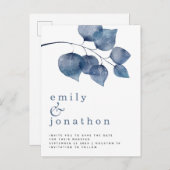 青モダン色の葉結婚の日救付 案内ポストカード (正面/裏面)