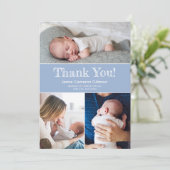 青モダン色の複数写真男の赤ちゃんシャワー サンキューカード (スタンド正面)