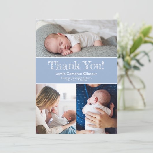 青モダン色の複数写真男の赤ちゃんシャワー サンキューカード (スタンド正面)