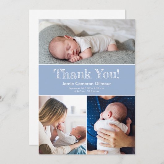 青モダン色の複数写真男の赤ちゃんシャワー サンキューカード (正面/裏面)