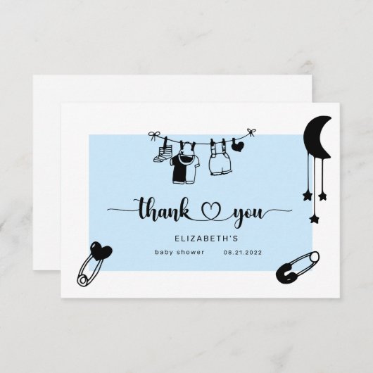 青モダン色の赤ちゃんシャワーサンキューカード サンキューカード (正面/裏面)