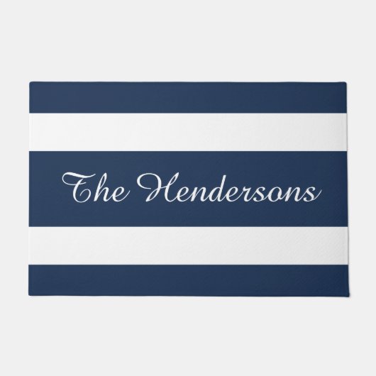 青モダン色ストライプのファミリ名 ドアマット (正面)