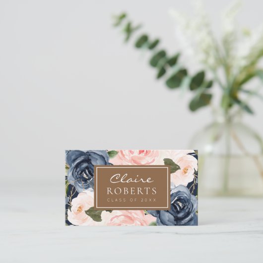 青モダン色フローラ卒業表 名刺 (スタンド正面)