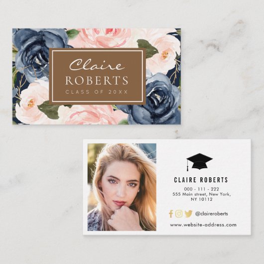 青モダン色フローラ卒業表 名刺 (正面/裏面)