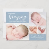 青モダン色写真コラージュ男の赤ちゃん誕生 案内状 (正面)