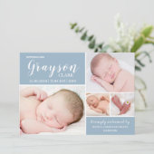 青モダン色写真コラージュ男の赤ちゃん誕生 案内状 (スタンド正面)