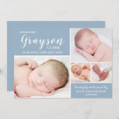 青モダン色写真コラージュ男の赤ちゃん誕生 案内状 (正面/裏面)