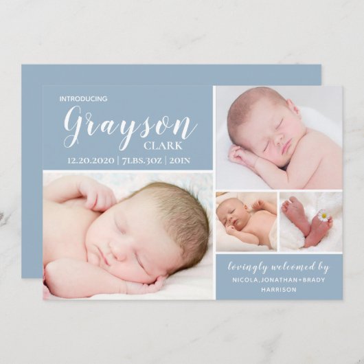 青モダン色写真コラージュ男の赤ちゃん誕生 案内状 (正面/裏面)