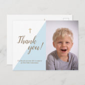 青モダン色写真1st聖餐式 ポストカード (正面/裏面)