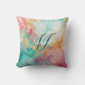 青モダン色金ゴールド水彩モノグラム クッション (正面)